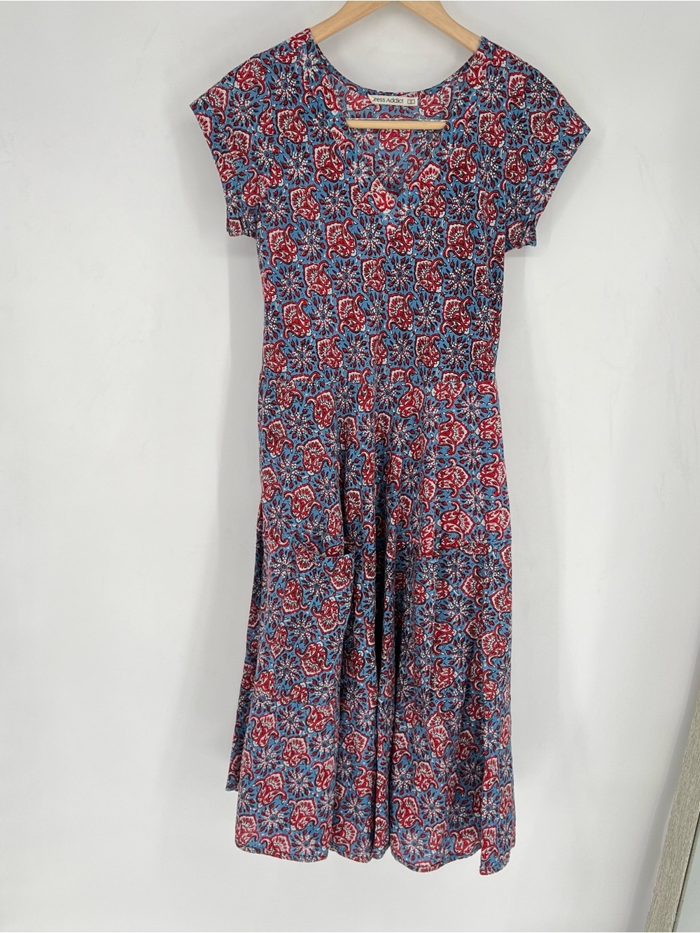 Dress Addict Cotton Casual Floral Print Midi Dress Red & Blue Front Pockets